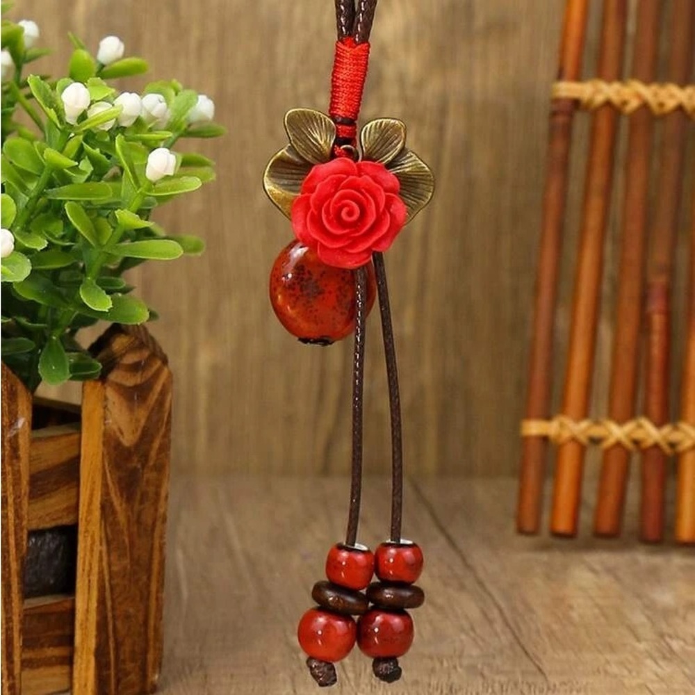 Wearable Art Flower& Bead Lariat Vegan Leather Statement Necklace